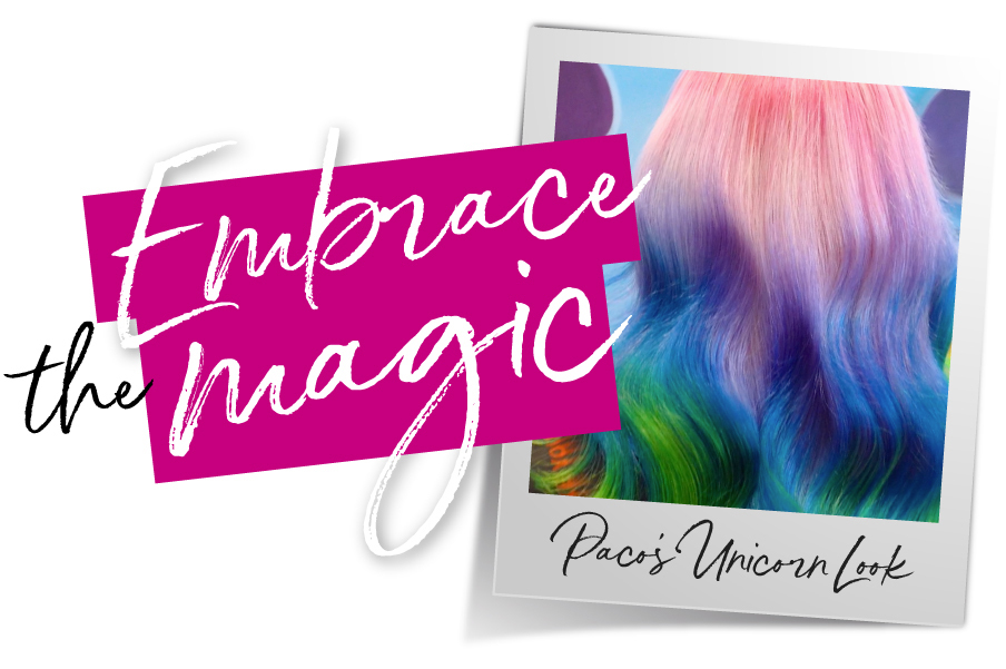 A polaroid photo of Paco Latorre's unicorn hair colour mix modelled by Wendy Swan, asking you to embrace the magic